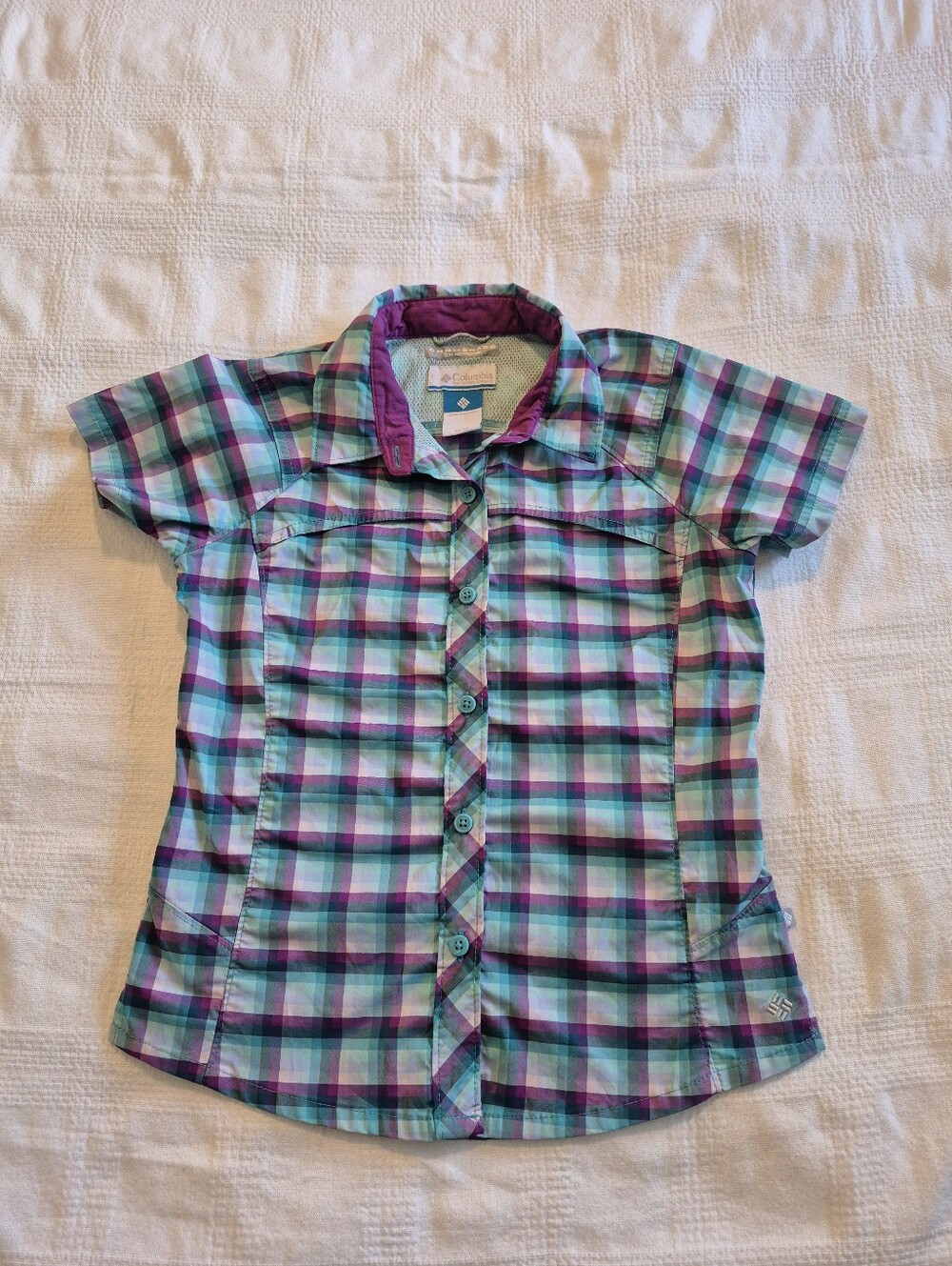 Columbia girls size 10/12 short sleeve blouse, activewear teal purple white VGUC